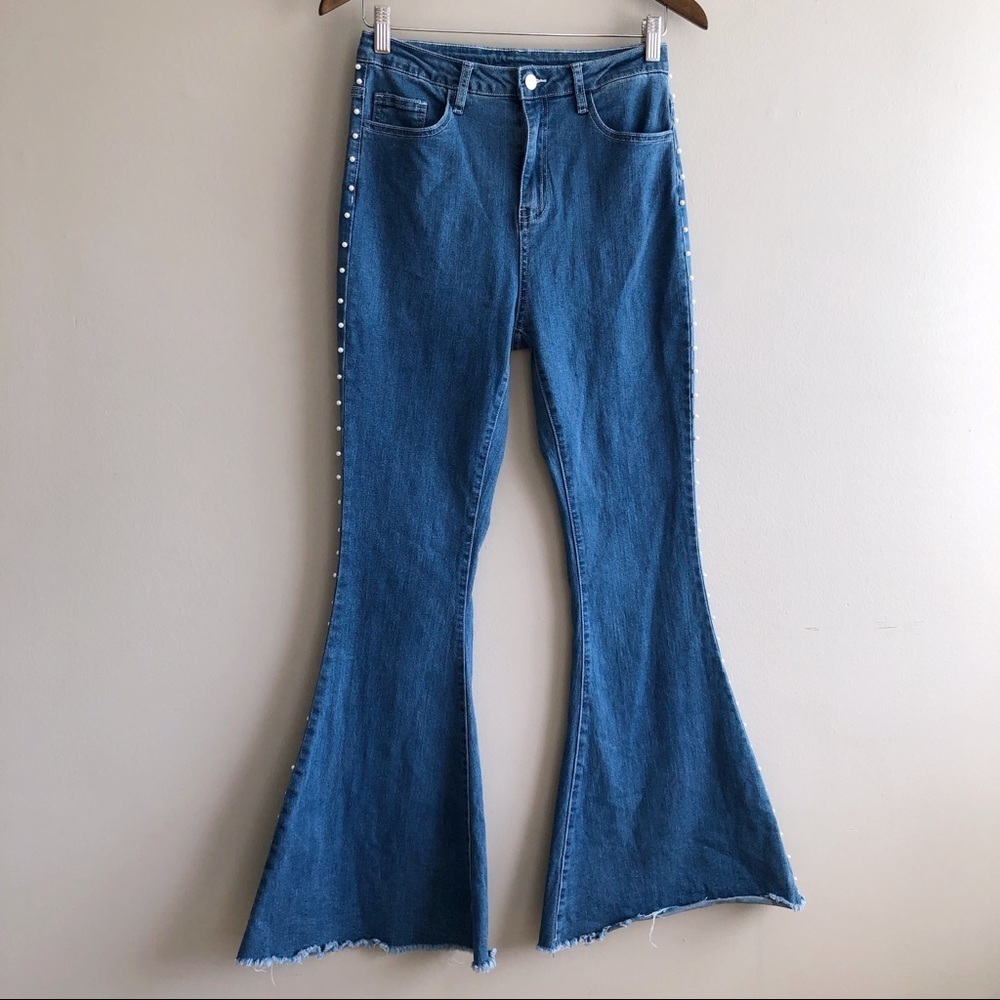 ✨$8 CLEAR-OUT✨ Shein Y2K Style High Waist Raw Hem Flare Pearl Studded Jeans Blue